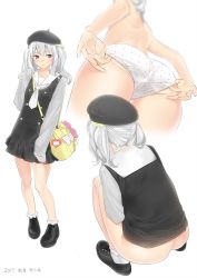Rule 34 | 10s, 1girl, adjusting clothes, adjusting panties, alternate costume, ama mitsuki, ass, black dress, black footwear, blue eyes, breasts, casual, commentary, dated, dress, from above, from below, full body, hair between eyes, hair ribbon, kantai collection, kashima (kancolle), lips, long hair, long sleeves, looking at viewer, medium breasts, multiple views, no panties, no pants, panties, panty pull, parted lips, ribbon, shoes, silver hair, sleeves past wrists, squatting, thighs, topless, twintails, underwear, wavy hair