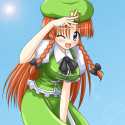 Rule 34 | 1girl, blue eyes, blush, bococho, bow, bowtie, braid, breasts, day, female focus, hair bow, hat, hong meiling, large breasts, leaning forward, long hair, one eye closed, orange hair, red hair, salute, shading eyes, sky, smile, solo, star (symbol), sun, embodiment of scarlet devil, touhou, twin braids, wink