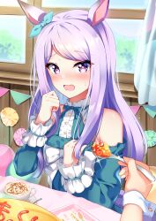 Rule 34 | 3girls, absurdres, alternate costume, animal ears, bare shoulders, blue bow, blush, bow, commentary request, cup, curtains, detached sleeves, dress, ear bow, food, highres, horse ears, horse girl, latte art, long hair, long sleeves, looking at viewer, mejiro mcqueen (umamusume), multiple girls, omelet, omurice, open mouth, pov, pov hands, purple eyes, purple hair, sitting, solo focus, spoon, sunny (20597521), sweat, table, tokai teio (umamusume), umamusume, window, wrist cuffs