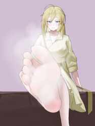 Rule 34 | 1girl, barefoot, blonde hair, blue eyes, feet, foot focus, highres, light blush, long hair, looking at viewer, original, pixiv (68255388), smile, soles, steam, toes