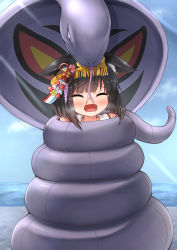 Rule 34 | 1girl, arbok, azur lane, bdsm, black hair, blue sky, blush, bob cut, comiching, constriction, creatures (company), crossover, crying, day, ears down, closed eyes, game freak, gen 1 pokemon, highres, mutsu (azur lane), nintendo, open mouth, outdoors, pokemon, pokemon (creature), sky, tears, tongue, tongue out