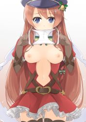 Rule 34 | 10s, 1girl, belt, black thighhighs, blue eyes, bow, breasts, breasts apart, breasts out, brown gloves, brown hair, cat&#039;s cradle, center opening, cowboy shot, gloves, granblue fantasy, hat, holding, holding clothes, holding panties, holding underwear, lecia (granblue fantasy), long hair, looking at viewer, nipples, no bra, no panties, panties, unworn panties, partially visible vulva, peaked cap, presenting removed panties, sasakura, solo, stain, stained panties, thighhighs, underwear, white panties