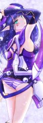 Rule 34 | 1girl, arm up, ass, blue hair, blush, bodysuit, breasts, covered erect nipples, facial mark, from behind, green eyes, headgear, highres, long hair, looking back, medium breasts, panties, phantasy star, phantasy star online 2, purple panties, purple theme, rupika (pso2), ryu-akt, snow, solo, striped clothes, striped panties, underwear, wiola magica