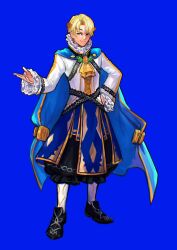 Rule 34 | 1boy, absurdres, alfred (fire emblem), blonde hair, blue eyes, cape, fire emblem, fire emblem engage, full body, green eyes, hair ornament, highres, jewelry, looking at viewer, male focus, nintendo, sethkiel, short hair, simple background, solo