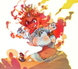 Rule 34 | 1boy, 1girl, angry, angry sun, arabian clothes, bad id, bad pixiv id, black eyes, blue gloves, bracelet, breasts, bright pupils, circlet, crown, dark-skinned female, dark skin, fire, giant, giantess, gloves, idkuroi, jewelry, large breasts, long hair, mario, mario (series), navel, necklace, new super mario bros. u deluxe, nintendo, red hair, running, sand, sharp teeth, super crown, super mario bros. 3, teeth, white background