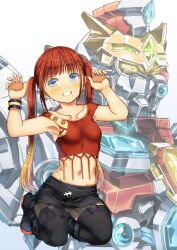 Rule 34 | 1girl, absurdres, armpits, asukagawa chise, black footwear, black skirt, black thighhighs, blush, boots, bracelet, breasts, brown hair, collarbone, colored tips, garimpeiro, glowing, glowing eyes, gradient hair, gridman universe, gridman universe (film), gridman universe fighter, highres, jewelry, kneeling, long hair, looking to the side, mecha, midriff, mole, mole under mouth, multicolored hair, navel, robot, skirt, small breasts, smile, thighhighs, twintails, very long hair, yellow eyes