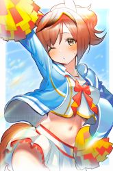 Rule 34 | animal ears, arm up, ashinowoto, blouse, blue jacket, blush, brown hair, crop top, groin, hand on own hip, highres, holding, holding pom poms, horse ears, horse girl, horse tail, jacket, miniskirt, multicolored hair, navel, nice nature (run&amp;win) (umamusume), nice nature (umamusume), one eye closed, open clothes, open jacket, open mouth, pom pom (cheerleading), pom poms, ponytail, puckered lips, sailor collar, shirt, short hair, skirt, streaked hair, sweatdrop, tail, umamusume, white shirt, white skirt, yellow eyes
