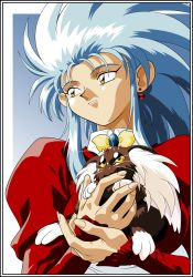 Rule 34 | 1990s (style), 1girl, absurdres, blue hair, earrings, highres, incredibly absurdres, jewelry, retro artstyle, ryou-ouki, ryouko (tenchi muyou!), single earring, spiked hair, tenchi muyou!, vector trace, yellow eyes