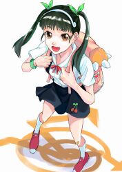 Rule 34 | 1girl, :d, absurdres, backpack, bag, bandaid, bandaid on knee, bandaid on leg, black hair, black skirt, bow, bowtie, breasts, brown eyes, child, collarbone, commentary, dress shirt, fang, foreshortening, from above, full body, green bracelet, green ribbon, hachikuji mayoi, hair ribbon, hairband, highres, holding strap, kneehighs, long hair, looking at viewer, looking up, monogatari (series), open mouth, pink bag, red bow, red bowtie, red footwear, ribbon, school uniform, shirt, shoes, short sleeves, simple background, skirt, small breasts, smile, socks, solo, standing, suspender skirt, suspenders, takamiya2222, twintails, white background, white hairband, white shirt, white socks