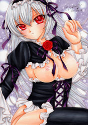 Rule 34 | 00s, 1girl, doll joints, blush, breasts, breasts out, corset, female focus, frills, gothic lolita, hairband, lolita fashion, lolita hairband, long hair, looking at viewer, mocomoco party, nipples, red eyes, rozen maiden, silver hair, solo, suigintou, thighhighs