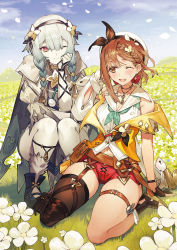 Rule 34 | 2girls, ;), atelier (series), atelier ryza, atelier ryza 2, belt, beret, black legwear, blue sky, braid, breasts, brown belt, brown eyes, brown gloves, brown hair, cleavage, cloud, day, fang, female focus, fingerless gloves, flower, gloves, grass, hair ornament, hat, highres, jacket, jewelry, key, key necklace, leg belt, long hair, looking at another, matching hair/eyes, medium breasts, multiple girls, navel, necklace, official art, one eye closed, open mouth, outdoors, pale skin, red eyes, red shorts, reisalin stout, serri glaus, short hair, short shorts, shorts, single thighhigh, sitting, sky, smile, thick thighs, thighhighs, thighs, toridamono, twin braids, wariza, white headwear, yellow jacket