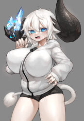 Rule 34 | 1girl, absurdres, animal ears, asymmetrical horns, black shorts, blue eyes, blue gemstone, blush, borrowed character, breasts, cow girl, cow horns, cow tail, cowboy shot, crystal, crystal horns, fang, fingernails, gem, grey background, hair between eyes, hand on own hip, hand up, highres, hood, hood down, hoodie, horns, large breasts, long sleeves, looking at viewer, open mouth, original, short hair, short shorts, shorts, simple background, sleeves past wrists, solo, sumosamo, tail, white hair, white hoodie, yamada vanhouten (mato tsuyoi), zipper