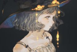 Rule 34 | 1girl, black background, black hat, blue eyes, crying, crying with eyes open, hat, highres, light brown hair, medium hair, orie h, original, portrait, simple background, solo, tears, witch, witch hat
