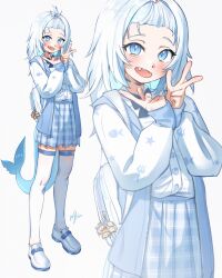Rule 34 | 1girl, absurdres, animal print, backpack, bag, blue eyes, blue hair, blue skirt, character charm, charm (object), double w, fins, fish print, fish tail, gawr gura, gawr gura (school uniform), highres, hololive, hololive english, loafers, looking at viewer, multicolored hair, ninomae ina&#039;nis, open mouth, plaid, plaid skirt, shark girl, shark tail, sharp teeth, shirt, shoes, simple background, skirt, star (symbol), star print, tail, takanashi kiara, teeth, thighhighs, trident print, virtual youtuber, w, waligner, watson amelia, white background, white hair, white shirt, white thighhighs