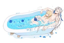 Rule 34 | 1boy, 1girl, absurdres, animal, bathing, bathtub, blonde hair, blue flower, blue hair, blue rose, breasts, closed eyes, commentary, completely nude, english commentary, flower, genshin impact, grey hair, hair between eyes, hetero, highres, long hair, lumine (genshin impact), medium breasts, mixed-sex bathing, multicolored hair, nail polish, neuvillette (genshin impact), nude, otter, partially submerged, petals, pointy ears, quinny il, rose, shared bathing, short hair with long locks, simple background, sitting, toned, toned male, twitter username, very long hair, water, wet, white background, white flower