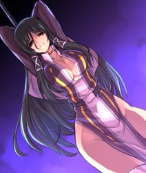 Rule 34 | 1girl, absurdres, arms up, black hair, breasts, cleavage, dress, fasalina, gunxsword, half-closed eyes, highres, ishiyumi, large breasts, long hair, pelvic curtain, pole, solo, thighs, yellow eyes