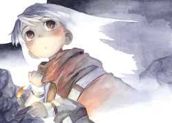 Rule 34 | 1girl, belt, blush, brown eyes, candle, cape, clenched hand, cloak, dutch angle, floating hair, from below, full moon, hand on own chest, holding, long hair, long sleeves, looking up, moon, original, painting (medium), satou toshiyuki, solo, stone, traditional media, watercolor (medium), white hair