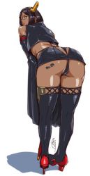 Rule 34 | 10s, 1girl, ass, black hair, dark skin, from behind, g-string, ganto, glasses, kantai collection, kirishima (kancolle), looking at viewer, looking back, pencil skirt, short hair, simple background, skirt, text focus, thong, translated, white background