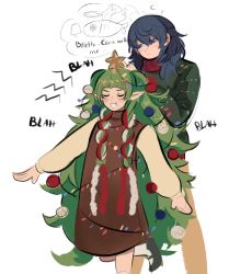 2girls alternate_costume blue_eyes blue_hair braid byleth_(female)_(fire_emblem) byleth_(fire_emblem) christmas_ornaments closed_eyes closed_mouth english_text fire_emblem fire_emblem:_three_houses fish funyanrinpa green_hair highres long_hair long_sleeves medium_hair multiple_girls nintendo open_mouth pointy_ears side_braid simple_background sothis_(fire_emblem) star_(symbol) sweater twin_braids white_background