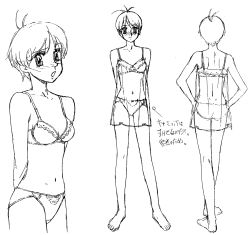 Rule 34 | 1990s (style), 1girl, antenna hair, barefoot, blush, bra, camisole, character sheet, chemise, cowboy shot, embarrassed, feet, full body, greyscale, hands on own hips, highres, kanzaki hitomi, lineart, lingerie, monochrome, multiple views, non-web source, official art, panties, retro artstyle, short hair, sketch, standing, tenkuu no escaflowne, turnaround, underwear, underwear only, white background, yuuki nobuteru