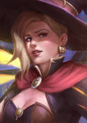 Rule 34 | 1girl, blonde hair, blue eyes, breasts, capelet, cleavage, earrings, halloween, halloween costume, hat, highres, jack-o&#039;-lantern, jack-o&#039;-lantern earrings, jewelry, lips, looking at viewer, mechanical wings, mercy (overwatch), nose, official alternate costume, overwatch, overwatch 1, parted lips, realistic, signature, small breasts, smile, solo, wee kiat goh, wings, witch hat, witch mercy, yellow wings