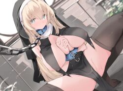 Rule 34 | 1girl, bdsm, black headwear, black thighhighs, blonde hair, blue eyes, bondage, bondage cuffs, bound, breast curtains, breasts, cameltoe, chain, collar, covered erect nipples, cuffs, groin, habit, highres, large breasts, leash, long hair, mikozin, no panties, no shoes, nun, original, own hands together, pelvic curtain, praying, slave, solo, spread legs, squatting, thighhighs, thighs