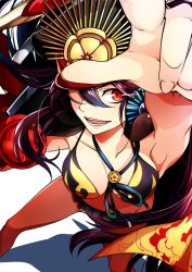 Rule 34 | :d, between breasts, bikini, black hair, breasts, collarbone, fate/grand order, fate (series), foreshortening, from above, hat, looking at viewer, looking up, oda nobukatsu (fate), oda nobunaga (fate), oda nobunaga (koha-ace), oda nobunaga (swimsuit berserker) (second ascension) (fate), open mouth, outstretched arm, red eyes, sayvi, shadow, smile, solo, swimsuit, white background