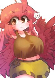 Rule 34 | 1girl, absurdres, ahoge, animal ears, bare shoulders, bird ears, bird legs, blush, breasts, brown eyes, brown tank top, coco (eogks), commentary, crop top, crop top overhang, english commentary, feathers, harpy, heart, highres, large breasts, long hair, looking at viewer, midriff, monster girl, navel, nn (eogks), original, red feathers, red hair, red wings, simple background, skirt, smile, solo, spoken heart, tank top, waving, white background, winged arms, wings, yellow skirt