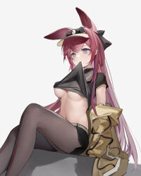 Rule 34 | 1girl, animal ears, arknights, black hair, black pantyhose, black shirt, black shorts, breasts, brown hat, clothes lift, grey background, hat, headlamp, highres, jacket, lifted by self, long hair, medium breasts, midriff, mouth hold, off shoulder, open clothes, open jacket, pantyhose, pantyhose under shorts, rabbit ears, rabbit girl, ray (arknights), shirt, shirt lift, short shorts, shorts, sitting, underboob, visor cap, ykuu yousei