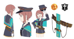 Rule 34 | 10s, 1girl, adapted costume, belt, belt pouch, bottomless, brown eyes, brown hair, cape, dress, emblem, expressionless, from behind, from side, gloves, hand on own hip, hat, unworn hat, unworn headwear, holding, holding clothes, holding hat, kantai collection, long sleeves, military, military hat, military uniform, multiple views, neckerchief, peaked cap, pouch, ruisento, sailor collar, sailor dress, scabbard, sheath, short hair, sidelocks, simple background, standing, uniform, white background, white gloves, z3 max schultz (kancolle)