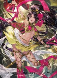 Rule 34 | 1girl, bare shoulders, bell, black hair, brown eyes, center opening, copyright name, fire emblem, fire emblem: thracia 776, fire emblem cipher, lara (fire emblem), long hair, midriff, navel, nintendo, official art, open mouth, ponytail, sandals, sencha (senchat), solo, sparkle, sword, teeth, weapon