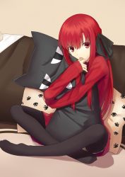 Rule 34 | 1girl, black pantyhose, dress, hair ribbon, indian style, kauto, kushia microphylla, long hair, looking at viewer, hugging object, open mouth, original, pantyhose, pillow, pillow hug, red dress, red eyes, red hair, ribbon, sitting, skirt, solo