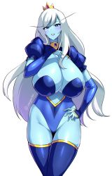 Rule 34 | 1girl, absurdres, adventure time, blue lips, blue skin, breasts, cleavage, crown, detached sleeves, highres, huge breasts, ice queen (adventure time), leotard, lips, long hair, puffy short sleeves, puffy sleeves, short sleeves, sole gem, thighhighs, white hair