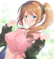 Rule 34 | 1girl, :q, black choker, black jacket, bra strap, breasts, brown hair, candy, chloe (princess connect!), chloe (real) (princess connect!), choker, closed mouth, crop top, food, green eyes, hands up, highres, holding, jacket, jewelry, lollipop, long hair, long sleeves, looking at viewer, medium breasts, midriff, naruse mamoru, navel, necklace, off shoulder, open clothes, open jacket, pink shirt, princess connect!, shirt, short sleeves, side-tie shirt, side ponytail, sidelocks, smile, solo, stomach, tongue, tongue out, upper body