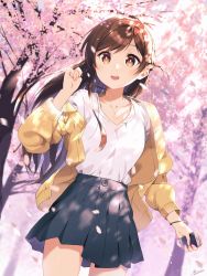 Rule 34 | 1girl, :d, black skirt, bracelet, brown eyes, brown hair, cherry blossoms, day, hand up, highres, jacket, jewelry, long hair, open mouth, original, outdoors, shikaemon, shirt, signature, skirt, smile, solo, standing, sunlight, white shirt, yellow jacket
