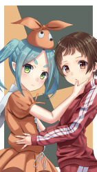 Rule 34 | 2girls, \||/, amai to mato, aqua hair, border, brown background, brown eyes, brown hair, commentary, double vertical stripe, dress, expressionless, face-to-face, googly eyes, green background, green eyes, hand on another&#039;s face, hand on another&#039;s waist, highres, hikimayu, jacket, light blush, light frown, long hair, long sleeves, looking at viewer, looking to the side, monogatari (series), multiple girls, ononoki yotsugi, orange dress, orange headwear, outside border, pants, puffy short sleeves, puffy sleeves, red jacket, red pants, ringed eyes, sengoku nadeko, short eyebrows, short hair, short sleeves, thick eyebrows, track jacket, track pants, track suit, twintails, upper body, very long hair, very short hair, white border