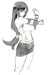 Rule 34 | 1girl, belt, brass knuckles, commentary request, crop top, elbow pads, final fantasy, final fantasy vii, fingerless gloves, gloves, greyscale, highres, kotoyama, long hair, low ponytail, monochrome, navel, sidelocks, sketch, skirt, solo, suspenders, tifa lockhart, weapon, white background