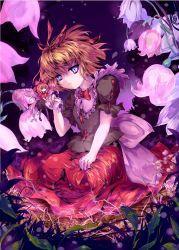 Rule 34 | 1girl, ascot, blonde hair, blue eyes, bow, dress, female focus, flower, frills, hair bow, kneeling, lily of the valley, medicine melancholy, nine (pixiv), nine (suifla), purple background, purple theme, red dress, serious, short hair, size difference, solo, su-san, touhou