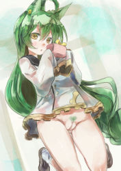 Rule 34 | 1girl, akashi (azur lane), animal ears, azur lane, bad id, bad pixiv id, bare legs, blouse, bottomless, box, brown footwear, cat ears, censored, female pubic hair, full body, gift, gift box, gluteal fold, green hair, hair between eyes, jumping, long hair, looking at viewer, mosaic censoring, no panties, parted lips, pubic hair, pussy, sailor collar, shirt, shoes, sleeves past fingers, sleeves past wrists, socks, solo, triangle mouth, white shirt, white socks, yellow eyes, yohane