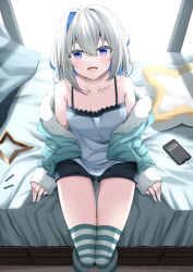 Rule 34 | 1girl, absurdres, amane kanata, bare shoulders, grey hair, highres, hololive, kamesys, looking at viewer, open mouth, purple eyes, short hair, sitting, smile, solo, virtual youtuber