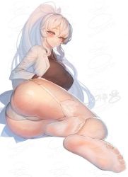 Rule 34 | 1girl, ass, blue eyes, blush, breasts, feet, large breasts, long hair, looking at viewer, panties, ponytail, revealing clothes, ribbed sweater, rwby, see-through, smile, solo, suertee34, suggestive, sweater, thighhighs, underwear, weiss schnee, white hair