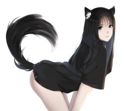 Rule 34 | 1girl, animal ear fluff, animal ears, ass, bent over, black hair, black shirt, blue eyes, blush, bottomless, closed mouth, commentary, english commentary, eyelashes, from side, hair between eyes, hands on lap, highres, long hair, looking at viewer, makeup, mascara, no panties, nose, original, rizuto, shirt, short sleeves, sidelocks, simple background, smile, solo, tail, white background, wolf ears, wolf girl, wolf tail