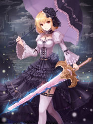 Rule 34 | 1girl, black dress, black flower, black rose, black sky, blonde hair, breasts, castle, choker, cloud, cross, dew (7302235), dress, flower, frilled dress, frills, garter straps, gothic lolita, hair flower, hair ornament, highres, holding, holding sword, holding umbrella, holding weapon, jewelry, lolita fashion, looking at viewer, medium breasts, necklace, night, outdoors, over shoulder, parasol, red eyes, rose, sky, solo, stairs, sword, thighhighs, tower, umbrella, weapon, white thighhighs, wide sleeves