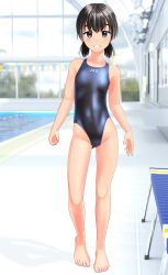 Rule 34 | 1girl, absurdres, barefoot, bench, black hair, black one-piece swimsuit, breasts, clothes writing, commentary request, competition swimsuit, full body, gluteal fold, green eyes, grin, highres, indoors, looking at viewer, low twintails, one-piece swimsuit, original, pool, short hair, small breasts, smile, solo, standing, string of flags, swimsuit, takafumi, tan, twintails