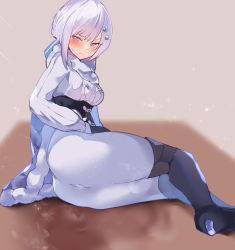Rule 34 | 1girl, akershus fortress (oshiro project), artist request, ass, blue eyes, blush, boots, braid, breasts, cape, embarrassed, gloves, hair ornament, highres, ice, long hair, looking at viewer, medium breasts, oshiro project:re, oshiro project:re, pants, single braid, sitting, solo, sweatdrop, thick thighs, thigh boots, thighhighs, thighs, tight clothes, tight pants, white hair, yokozuwari