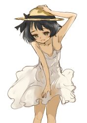 Rule 34 | 1girl, :d, adjusting clothes, adjusting headwear, arm up, armpits, bare shoulders, black bow, black hair, black ribbon, blush, bob cut, bow, breasts, brown eyes, brown hat, clothes lift, collarbone, cowboy shot, dress, dress lift, dress tug, girls und panzer, hat, hat bow, hat ribbon, highres, looking at viewer, murayama kei, no bra, open mouth, ribbon, see-through silhouette, short hair, simple background, sketch, sleeveless, sleeveless dress, small breasts, smile, solo, spaghetti strap, straw hat, sun hat, sundress, teeth, upper teeth only, utsugi yuuki, white background, white dress, wind, wind lift