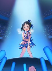 Rule 34 | 1girl, :d, bare shoulders, belt, black hair, blue belt, blue bow, blue eyes, blush, bow, braid, closed mouth, concert, glowstick, hair bow, highres, holding, holding microphone, idol, idol clothes, idolmaster, idolmaster cinderella girls, kumanomi, leaning forward, looking at viewer, microphone, navel, open mouth, remote control, remote control vibrator, sasaki chie, skirt, smile, solo focus, sweat, white skirt, wireless sex toy controller, wristband