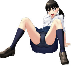 Rule 34 | 1girl, arm support, black eyes, black footwear, black hair, black scrunchie, blue buruma, blue skirt, blue socks, blush, buruma, commentary, constricted pupils, crotch seam, dress shirt, fallen down, frown, hair ornament, hair scrunchie, highres, leaning back, loafers, low twintails, maburu (lojyq1eur3e8bit), miniskirt, open mouth, original, outstretched arms, pleated skirt, school uniform, scrunchie, shirt, shoes, simple background, sitting, skirt, sleeves rolled up, socks, solo, spread arms, twintails, variant set, white background, white shirt, wing collar