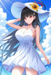 Rule 34 | 1girl, absurdres, arm behind head, bare shoulders, black hair, blue archive, blue sky, blush, breasts, cleavage, cloud, day, dress, hair ornament, hairclip, halo, hat, highres, large breasts, long hair, looking at viewer, naze236, ocean, outdoors, red eyes, ringed eyes, rio (blue archive), sky, solo, sun hat, very long hair, white dress