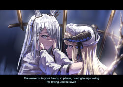 Rule 34 | animal ears, arknights, cage, chinese commentary, cishi nianshao, english text, frostnova (arknights), highres, horns, indoors, letterboxed, nightingale (arknights), rabbit ears, scar, scar on face, scar on nose, white hair